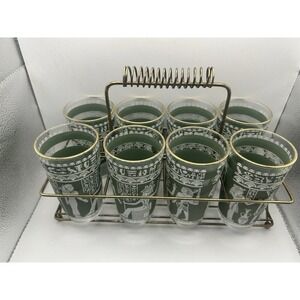 9-PC Hazel Atlas Wedgewood Green Egyptian Tumblers 8‎ Cups And Carrier RARE Set